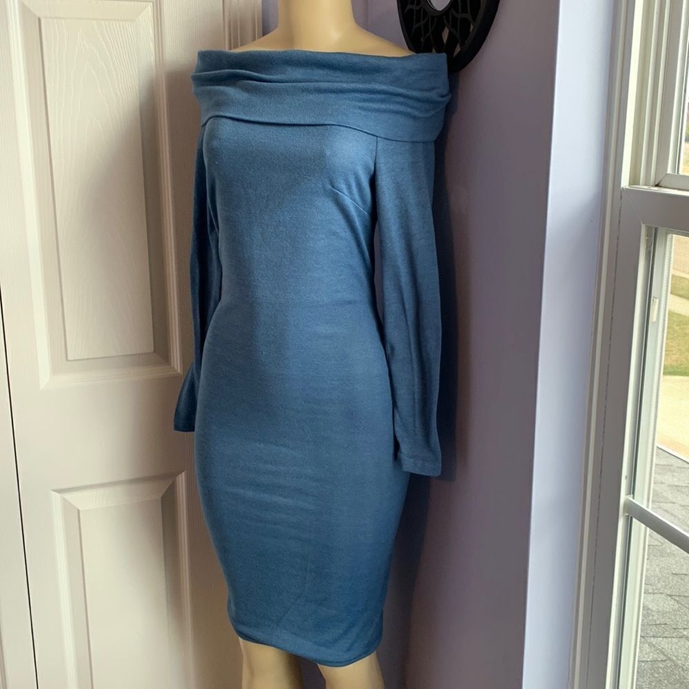 Azure Blue Sweater off the shoulder Casual Party Special Occasions long Dress XS